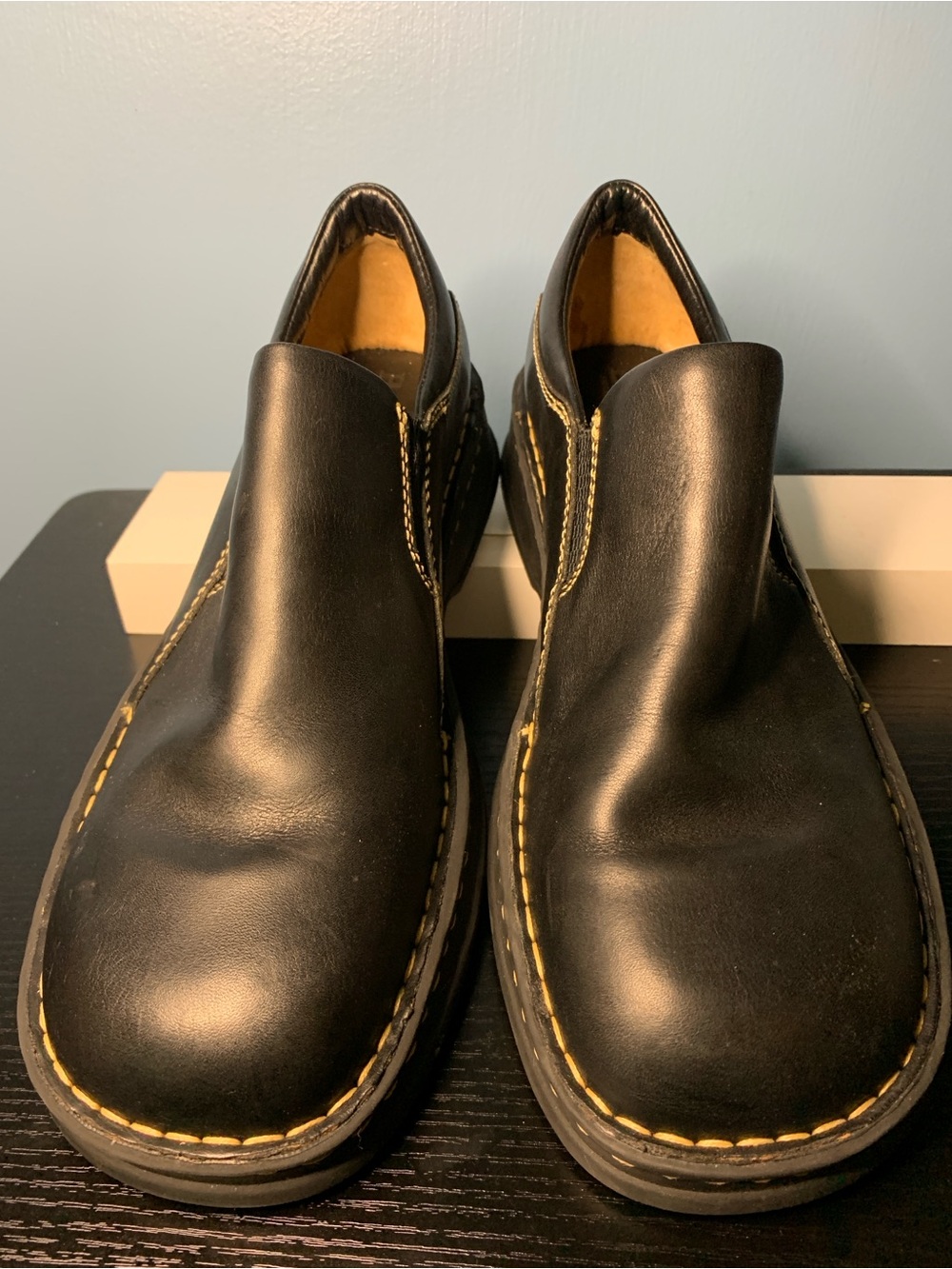 Born Black Leather Women's Slip-On Loafers with Contrast Tan Stitching